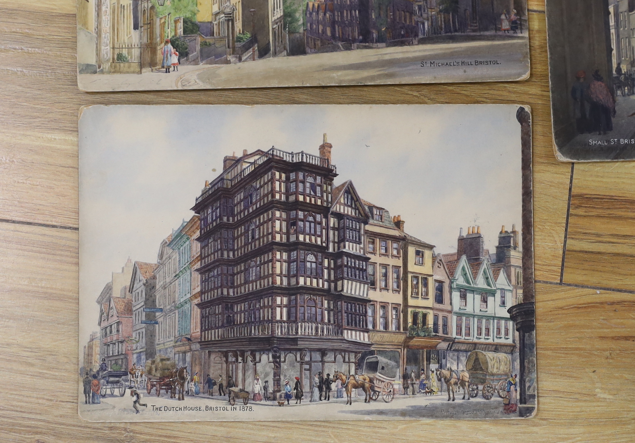 Edward (Evacustes) Arthur Phipson (1854-1931), four watercolours on card, Old Bristol views comprising ‘The Dutch House’, ‘Small Street’, ‘Cathedral’ and ‘St Michael’s Hill’ each inscribed, three signed, unframed, larges